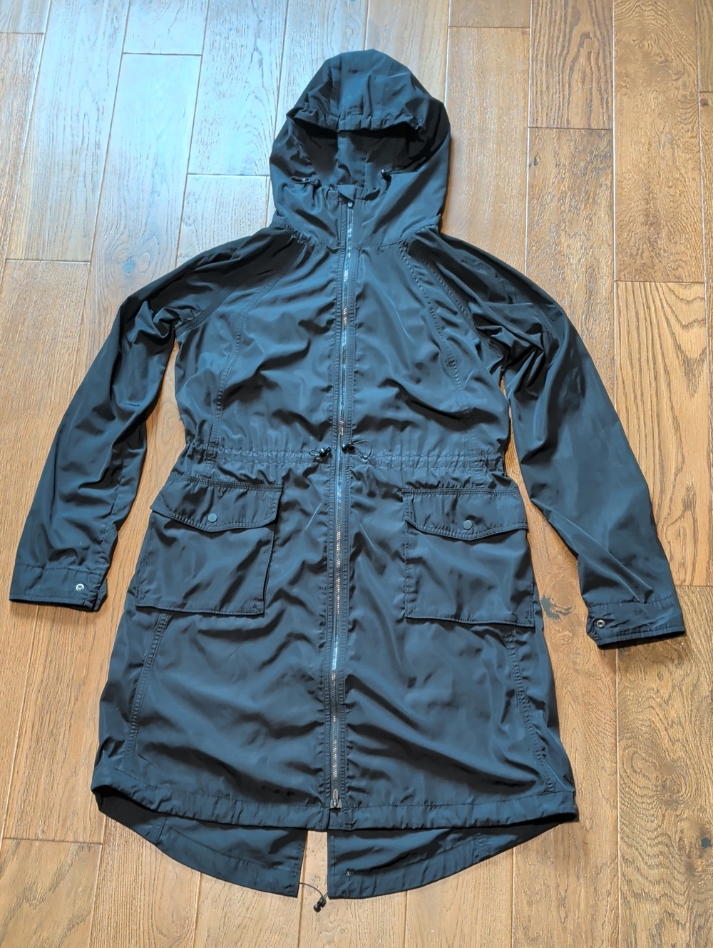 Athleta Black Hooded Rain Jacket Trench Coat with Utility Pockets XS EUC